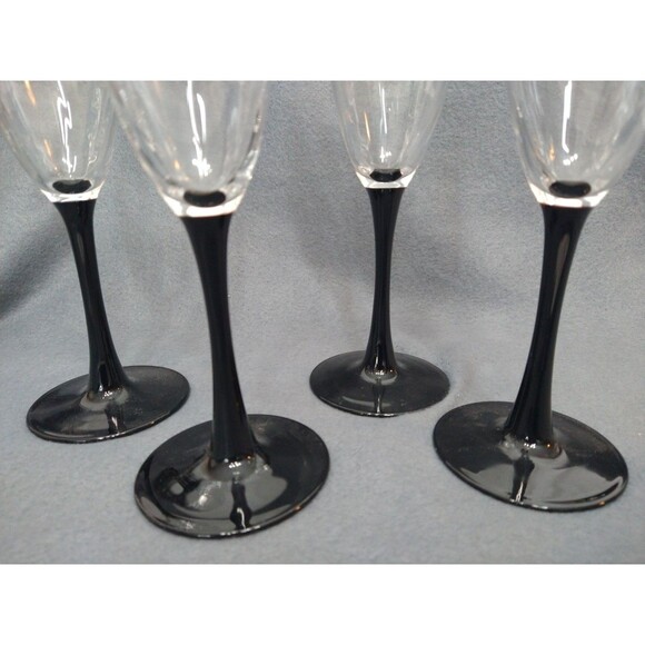 Set of 4 Swirl Unmarked Luminarc/Arcoroc? Black Stem Champagne Flutes Glasses - Picture 5 of 14